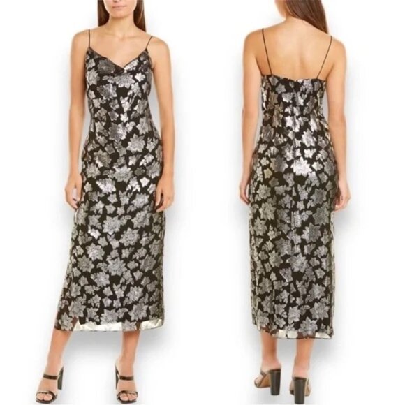 Club Monaco Jacquard Silk-Blend Black/Silver Slip Dress NWOT - Size 4 - Picture 2 of 13